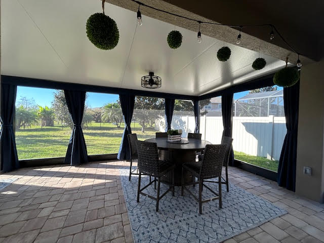 Privacy curtains blocking afternoon sun